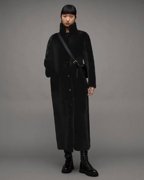 Serra Reversible Maxi Shearling Coat Black | ALLSAINTS Shearling Coat Outfit, Long Shearling Coat, Statement Aesthetic, Sherling Coat, Black Shearling Coat, Long Coat Outfit, Trendy Outfits Winter, Top Trending, Shearling Coat