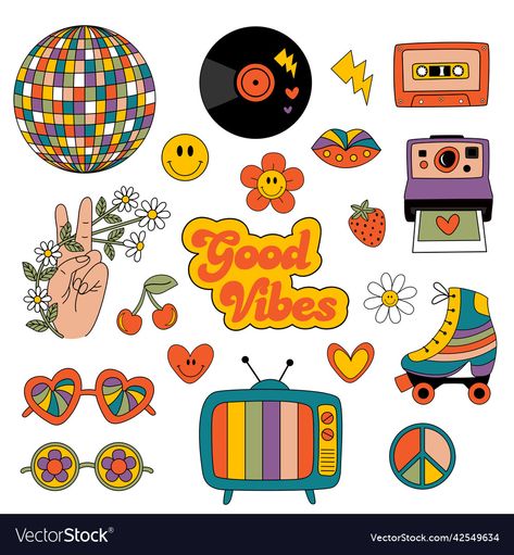 Hippy Stickers, Groovy Elements, Diy Beer Pong Table, Groovy Room, Creating Artwork, Retro Illustration, Retro 70s, Png Images, Stock Vector