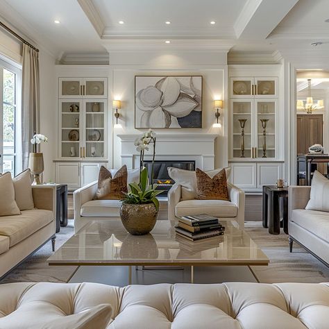 A modernized lounge area combines clean lines with classic, timeless elements Living Room Layout With Sectional, Hamptons Lounge Room, Cozy Transitional Living Room, Hamptons Lounge, Classic Family Room, Cozy Transitional, Traditional Living Room Furniture, Classic Living Room, Fancy Houses