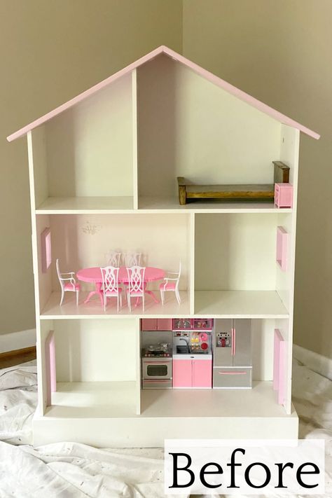 DIY Thrifted Dollhouse Makeover - Bless'er House Diy Dollhouse From Bookshelf, Barbie House Bookshelf, Wooden Dolls House Makeover, Barbie House Makeover Diy, Dollhouse Bookshelf Makeover, Dollhouse Makeover Ideas, Doll House Makeover Diy Ideas, Kid Craft Dollhouse Makeover, Barbie Furniture Makeover