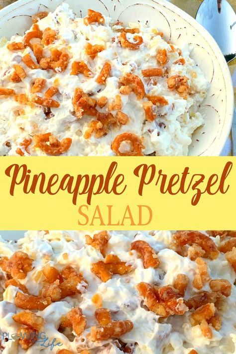 Candied pretzel pieces are sprinkled over a whipped topping and cream cheese fluff to become the BEST No-Bake Pineapple Pretzel Salad.  If there was an official must have dish for all potlucks, holiday meals and parties this would be it!  People will ask for the recipe because it is unbelievably creamy and delicious! #holidaydessert #easydessert #dessertsalad #fluff Cream Cheese Fluff, Pretzel Salads, Angel Food Cake Trifle, Pineapple Pretzel Salad, Pineapple Fluff, Pretzel Desserts, Jello Salads, Baked Pineapple, Pineapple Salad