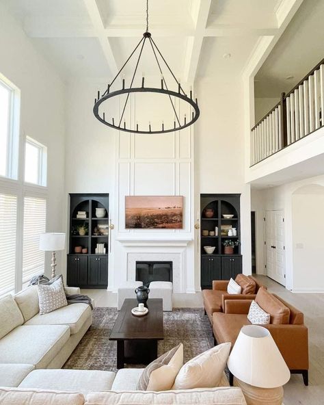 High Ceiling Living Room Chandelier - Soul & Lane Living Room Chandelier High Ceiling, Family Room Chandelier, Modern Traditional Living Room, Tan Living Room, Megan Nicole, High Ceiling Living Room, Living Room Chandelier, Still Picture, Coffee Table Decor