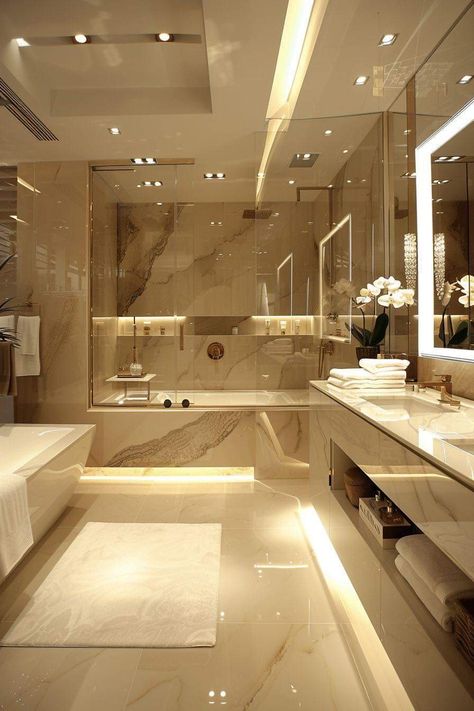 Luxury Marble Interior, Marble Home Design, Modern Bathroom Two Sinks, Bathroom Modern Design Luxury, House Interior Elegant, Bathroom Ideas Cream Beige, Bathroom Hotel Luxury, Luxury Bathrooms Modern, Bathroom Interior Design Luxury Elegant