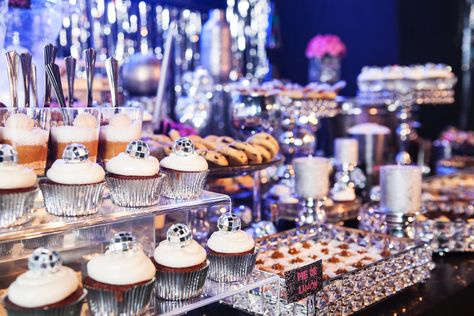 Disco Dessert Table Ideas, Disco Themed Dessert Table, Disco Treat Table, Disco Ball Dessert Table, Disco Dessert Table, Disco Snacks, Disco Party Food, Studio 54 Party Theme, Silver Candy Buffet