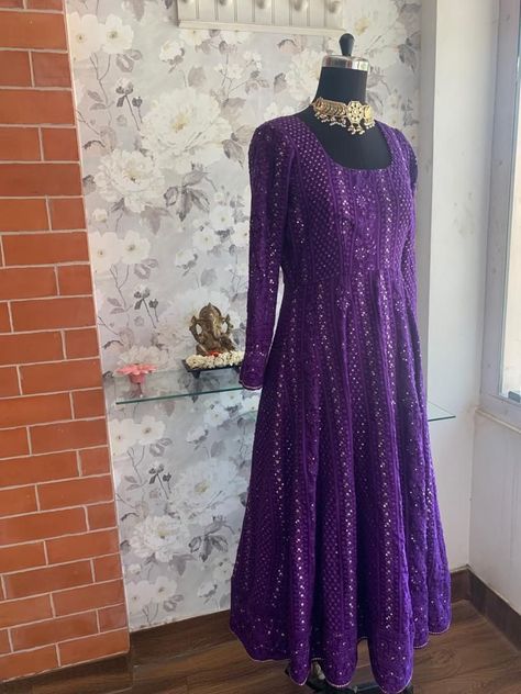 Purple Chikankari Lehenga, Purple Chikankari Kurta, Purple Anarkali Dress, Chikankari Gown, Purple Anarkali, Chicken Kari, Chikankari Anarkali, Chikankari Lehenga, Anarkali Dresses