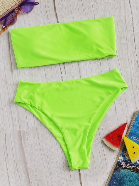 Neon Lime Bandeau With High Waist Bikini -SHEIN(SHEINSIDE) Neon Swimwear, High Neck Swimsuits, Summer Bathing Suits, Trendy Swimsuits, Thermal Leggings, Green Neon, Cute Bathing Suits, Cute Swimsuits, High Waist Bottoms