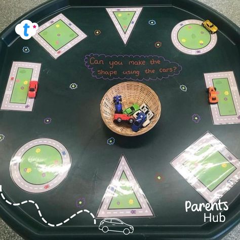 Cars Eyfs Activities, Road Safety Tuff Tray, Shape Tuff Tray Ideas, Shapes Tuff Tray, Maths Tuff Tray Ideas, Maths Eyfs, Pencil Control, Tuff Tray Ideas, Car Activities