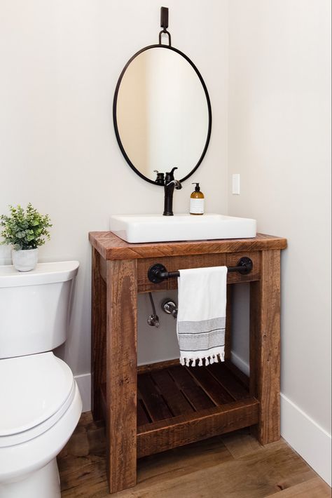 Small Powder Room Ideas Narrow Farmhouse, Small Vanity Sink Ideas, Boho Vanity Bathroom, Rustic Powder Room Ideas, Modern Farmhouse Powder Room, Rustic Modern Bathroom, Farmhouse Powder Room, Rustic Powder Room, Solid Wood Bathroom Vanity