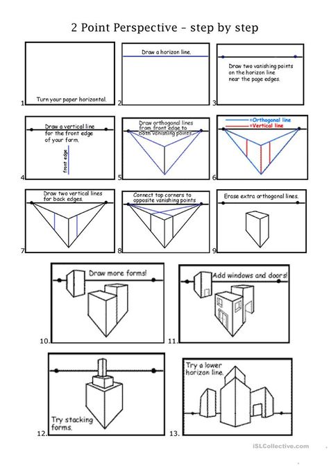 2pt perspective - English ESL Worksheets for distance learning and physical classrooms Perspective Worksheet, Perspective Step By Step, 2 Point Perspective Drawing, Perspective Architecture, Art Fundamentals, 2 Point Perspective, Two Point Perspective, Perspective Lessons, 1 Point Perspective