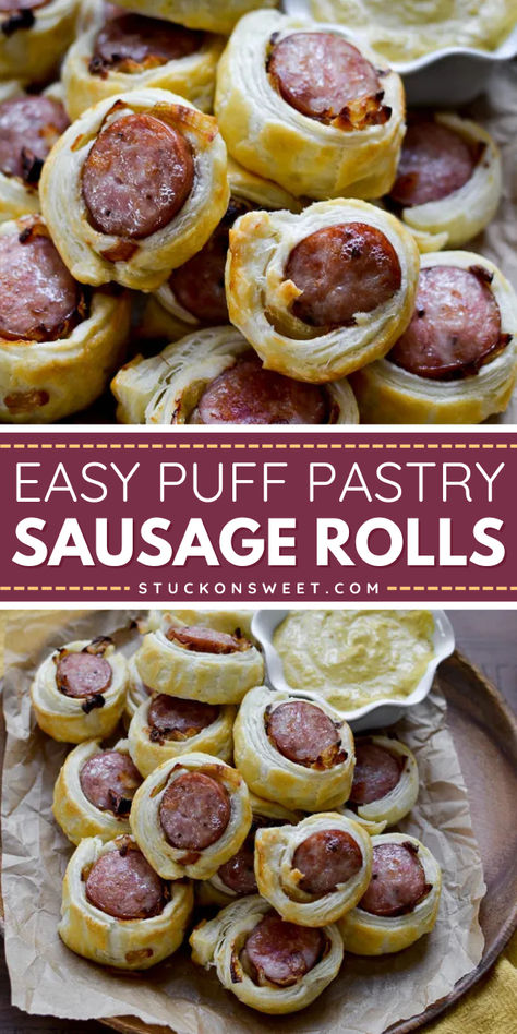 Looking for an easy New Year appetizer? Try these Easy Puff Pastry Sausage Rolls! Made with puff pastry, Polish sausages, Vidalia onion, and egg, they’re perfect for your game day menu. Serve with beer and brat mustard, then enjoy today! Polish Mistakes Appetizers, Sausage Rolls With Puff Pastry, Polish Appetizers, Sausage Puff Pastry, Sausage Rolls Puff Pastry, Appetizer Recipes Finger Foods, Puff Pastry Sausage Rolls, Easy Game Day Food, Puff Pastry Rolls