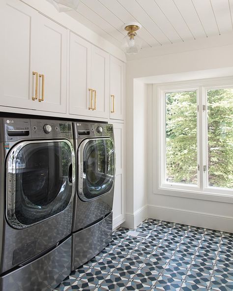 We borrowed from the laundry room to gain a butlers pantry but with space planning our client ended up with more storage. #remodel… Shiplap Ceiling, Pantry Room, Butlers Pantry, Patterned Floor Tiles, White Shiplap, Remodel Kitchen, Laundry Mud Room, Butler's Pantry, Laundry Room Design