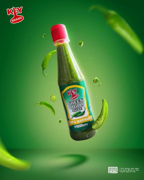 Green Chilli Sauce Ad Green Chilli Sauce, Cauliflower Sauce, Food Logo Design Inspiration, Photoshop Design Ideas, Food Logo Design, Publicidad Creativa, Food Graphic Design, Key Visual, Social Media Poster