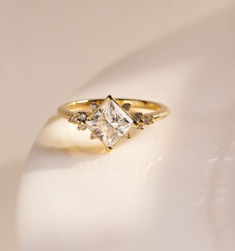 1 Carat Princess Cut Engagement Ring, Princess Cut Diamond Wedding Rings, Princess Cut Engagement Ring, Classic Solitaire Ring, Moissanite Vs Diamond, Ring Inspo, Princess Cut Moissanite, Gold Bubbles, Gold Anniversary Rings