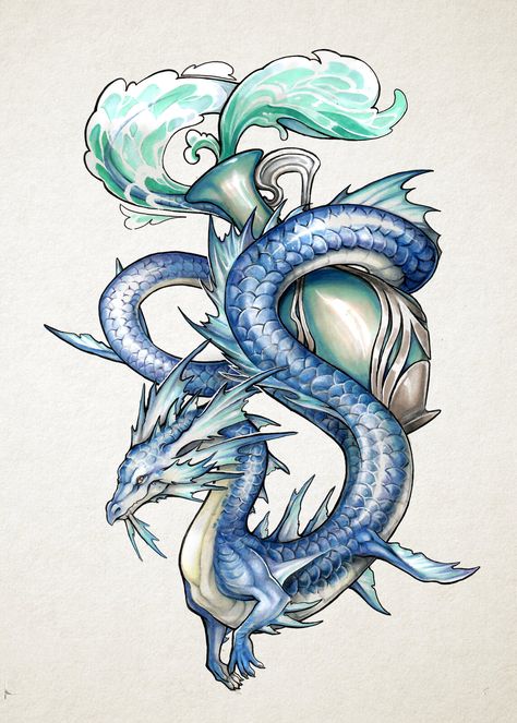 ArtStation - Dragon Zodiac, Marta Ryjówka Aquarius Dragon Tattoo, Aquarius Dragon, Poster Aquarius, Dragon Tattoos For Men, Aquarius Art, Dragon Zodiac, Aquarius Tattoo, Art Dragon, Zodiac Tattoos