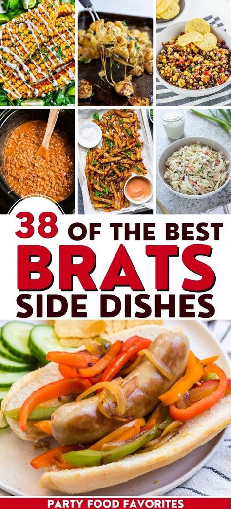 collage of brats side dishes Air Fried Vegetable Recipes, Bratwurst Dinner, Party Food Favorites, German Side Dishes, Classic Coleslaw Recipe, Grilled Brats, Brats Recipes, Easy Baked Beans, Best Sides