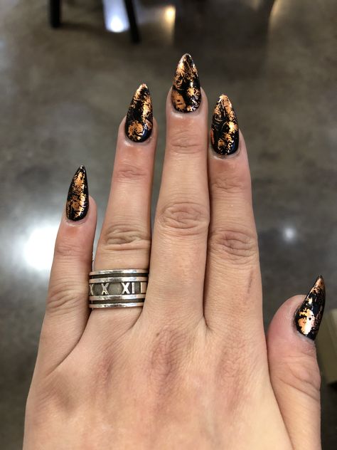 Bronze Nail Art, Copper Foil Nails, Black And Gold Halloween Nails, Black Nails With Copper Chrome, Copper And Black Nails, Marble Nails Black And Gold, Black Nails With Foil, Halloween Foil Nails, Orange Black Marble Nails