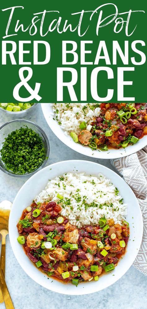 Instant Pot Red Beans and Rice is a delicious weeknight dinner made healthier thanks to turkey sausage - you'll love the smoky sauce! Turkey Instant Pot, Instant Pot Beans Recipe, Rice On The Stove, Beans And Sausage, Asparagus And Mushrooms, Red Beans And Rice, Rice Bowls Recipes, Beans And Rice, Rice Ingredients