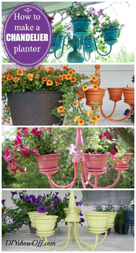 Chandelier Planter Tutorial:  Similar to another pin on this board, but this article has very clear directions with lots of photos. Make A Chandelier, Chandelier Flower, Chandelier Planter, How To Make A Chandelier, Colourful Garden, Garden Layouts, Tranquil Garden, Planter Diy, Diy Shows