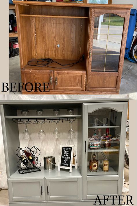 China Cabinet Refurbished, Entertainment Center Flip, Entertainment Center Redo Ideas, Entertainment Center Flip Ideas, Tv Cabinet Flip, Entertainment Center Into Coffee Bar, Upcycle Entertainment Center, Old Tv Cabinet Makeover Repurposed, Entertainment Center Turned Bar