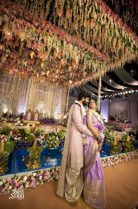 Elegant Hyderabad Wedding With A Lavender Bridal Kanjeevaram Hyderabad Wedding, Bride And Groom Outfits, Bridal Sarees South Indian, Reception Look, Indian Bride Outfits, Beautiful Wedding Decorations, Indian Wedding Planning, Wedding Planning Websites, Wedding Stage Decorations