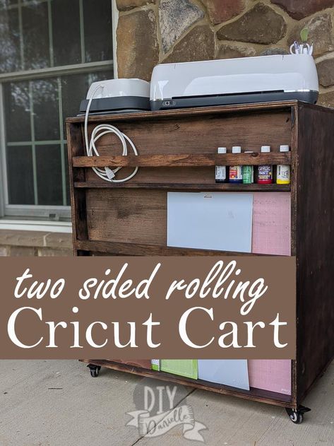 How to build a cart for your Cricut and EasyPress- there's storage on both sides, including mat storage in the back! LOVE this rolling craft cart. It holds EVERYTHING I need for my Cricut Machines.  #Cricut #DIY #woodworking Diy Cricut Cart, Cricut Storage Cart, Cricut Machine Storage Ideas, Cricut Mat Storage, Cricut Machine Storage, Cricut Work Station Ideas, Cricut Station, Cricut Storage Ideas, Rolling Craft Cart