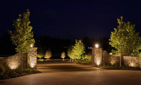 Landscape Lighting Design | Designscapes Colorado Tuscan Driveway Entrance, Driveway Entrance Lighting, Luxury Driveway, Entrance Gates Driveway, Lined Driveway, Driveway Entrance Landscaping, Gabled Roof, Gate Lights, Colorado Ranch