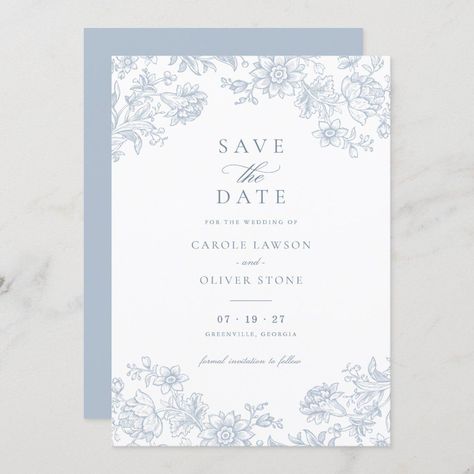 Floral Elegant Vintage Dusty Blue Save the Date Editable Blank Template Blue Floral Save The Date, Wedding Invites Blue, Save The Date Ideas For Weddings, Simple Elegant Wedding Invitations, Elegant Wedding Invitations Classy, Dusty Blue Wedding Invitations, Weding Invitation, Wedding Invitations Blue, Blue Wedding Stationery