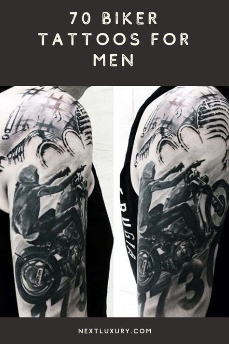 Biker tattoos are ruggedly boisterous monstrosities that brazenly boast rebellious rates of machismo. These bombastically brash creations aren’t the anodyne illustrations of your parents’ generation!The biker scene is finally equipped with rich tattoos that unabashedly accompany their raucous background. #nextluxury #tattooideas #tattoodesigns Bikers Tattoo, Tattoos For Motorcycle Riders, Biker Tattoos For Men, Biker Tattoo Design, Biker Tattoo, Motorcycle Tattoos For Men, Motorcycle Tattoo Designs, Tattoo Ideas For Men Motorcycle, Motorcycle Tattoo