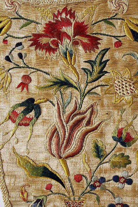 Stomacher Date: 1700–1725 Culture: German Medium: silk Dimensions: Length: 11 1/2 x 6 3/4 in. (29.2 x 17.1 cm) Jacobean Embroidery, Embroidery Transfers, Embroidery Patterns Vintage, Silk Ribbon Embroidery, Crewel Embroidery, Antique Textiles, Design Guide, Vintage Embroidery, Embroidery Inspiration