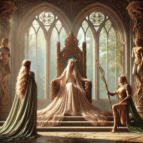 Valkyrie and Nymph were greeted by the Elven Queen in her throne room. #valkyrieandnymph #fantasy #fantasyart #fantasybooks #fantasyai #aifantasyart #aiart #aiartwork #aiartcommunity #ai #digitaldrawing #digitalartist #digitalpainting #digitalillustration #digitalcreator Elven Throne Room, Elven Princess Art, Dnd Lore, Elven Aesthetic, Queen Throne, Elven Queen, Elven Princess, Fantasy Queen, Fantasy Rooms