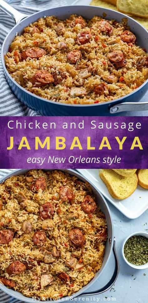 Chicken and Sausage Jambalaya is a family favorite!  Boneless skinless chicken thighs and smoked sausage simmered with onion, bell pepper, and celery (trinity), rice, and lots of Cajun flavors.  This authentic, easy jambalaya recipe is a delicious one pot dish. Not to mention, Mardi Gras wouldn’t be the same without this wonderful Cajun food! You'll enjoy every spicy, savory bite of chicken, sausage, rice, and the perfect blend of seasonings. Bring New Orleans into your own kitchen! Crockpot Chicken Jambalaya, Jambalaya Crockpot Recipes, Jambalaya Casserole Recipe, Oven Baked Jambalaya Recipe, Jambalaya Casserole, Recipe For Jambalaya, Chicken And Sausage Recipes Dinners, Chicken Rice And Sausage Recipes, Jumbilyia Food