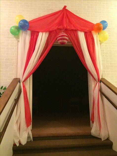 Tent Entrance we made for our circus themed preschool graduation! Tent Entrance, Decoration Ideas For School, Porta Halloween, Circus Classroom, Classroom Halloween, Creepy Carnival, Circus Carnival Party, Carnival Decorations, Circus Theme Party