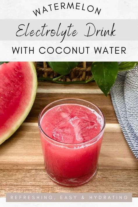 Hydrate your body with this watermelon electrolyte drink, made with blended watermelon, coconut water, and a dash of Himalayan rock salt. It is refreshing and the perfect homemade sports drink to quench your thirst with the essential electrolytes required for optimal hydration. Watermelon And Coconut Water, Homemade Electrolyte Drink Coconut Water, Preworkout Drink Homemade, Diy Electrolyte Drink Coconut Water, Coconut Water Electrolyte Drink Recipe, Watermelon Coconut Water, Watermelon Electrolyte Drink, Hydration Water Recipe, Hydration Drink Recipes