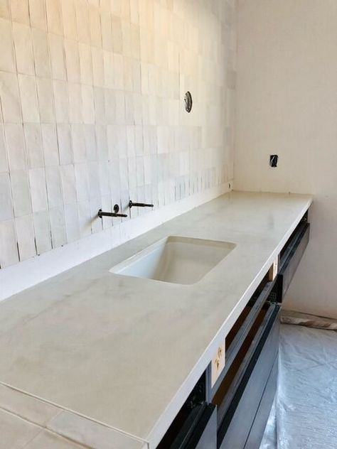 Cement Countertops Bathroom, Cement Countertops, Micro Cement, Bath Tile, Bath Tiles, Kitchen Solutions, Bathroom Countertop, Fixer Upper, Kitchen Countertops