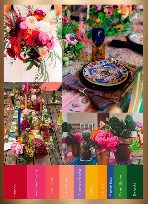 Colorful Eclectic Wedding Decor, Modern Mexican Wedding Colors, Mexican Party Color Palette, Bohemian Whimsical Wedding, Wedding Venues Colorful, Mexican Wedding Colors Palette, Wedding Technology Ideas, Bright And Bold Wedding Colors, Vibrant Mexican Wedding