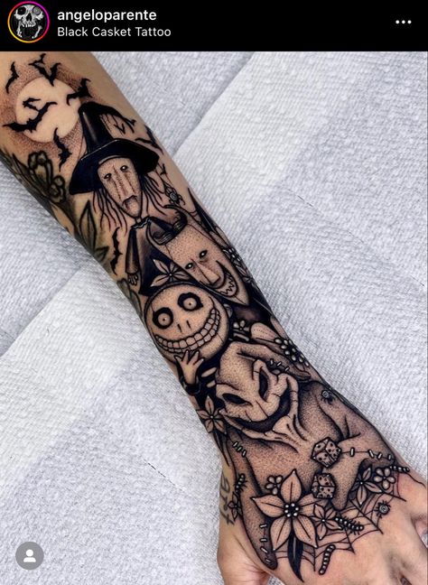 Half Sleeve Tattoos For Women Upper Arm Halloween, Cute Halloween Sleeve Tattoo, Sleeve Tattoos Halloween, Men's Forearm Tattoo Ideas, Ooga Booga Tattoo, Oogey Boogey Tattoo, Oggie Boogie Tattoo, Oogy Boogy Tattoo, Spooky Tattoos Sleeve