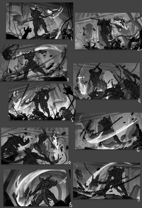 Key Moment Concept Art, How To Draw Composition, Illustration Composition Ideas, Illustration Thumbnails, Action Composition, Action Concept Art, Battle Concept Art, Thumbnail Reference, Character Thumbnails