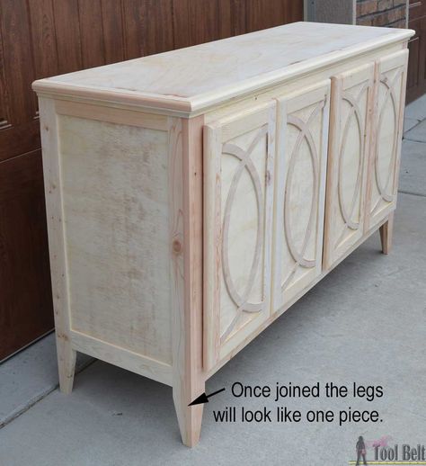 DIY Buffet or Sideboard with circle trim doors. This buffet cabinet boasts plenty of dining/kitchen supply storage. Free building plans. Diy Sideboard Buffet, Diy Buffet, Diy Sideboard, Free Building Plans, Kitchen Supply, Building Furniture, Diy Baby Furniture, Buffet Cabinet, Diy Cabinets