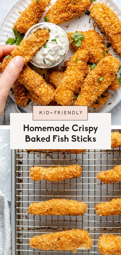 Homemade baked fish sticks that are deliciously crispy, easy to make and packed with protein. These healthy baked fish sticks make a wonderful dinner for kids, toddlers and adults alike because they're super nutritious and fun to eat. Serve with your fav sides and dipping sauces! #fish #seafood #kidfriendly #healthydinner #fishsticks Halibut Fish Sticks, Kid Friendly Fish Recipes, Cod Fish Sticks, Gluten Free Fish Sticks, Homemade Fish Sticks, Dinner For Kids, Halibut Fishing, Fish Sticks, Healthy Baked