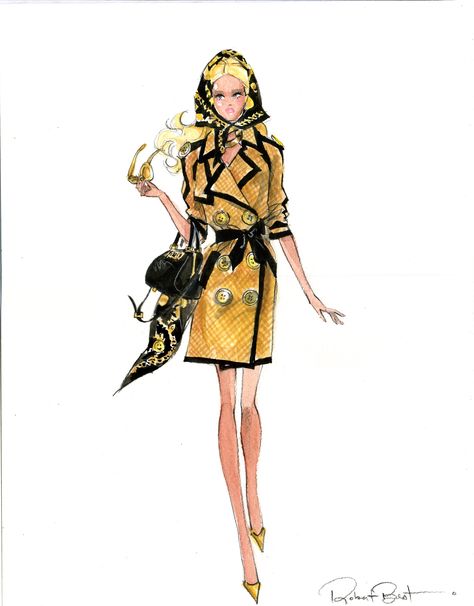 Moschino Barbie Illustration by Robert Best Robert Best Barbie Illustration, Fashion Illustration Barbie, Barbie Robert Best, 60s Fashion Drawings, Robert Best Illustration, Robert Best Barbie Sketches, Fashion Drawings Sketches, Robert Best Barbie, Fashion Designer Illustration