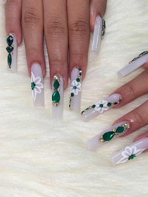 Instantly Upgrade Your Look with 24 pcs long square press on nails Autumn Green Fairy emerald smoke rich emerald shaped diamond fairy petal sparkle diamond sugar white French ball/tea party necessary fake nails with jelly glue and file strip 1 pieceI discovered amazing products on SHEIN.com, come check them out! Square Press On Nails, Green Acrylic Nails, Graduation Nails, Spring Acrylic Nails, White Acrylic Nails, Green Nail, Party Nails, Unique Acrylic Nails, Bling Acrylic Nails