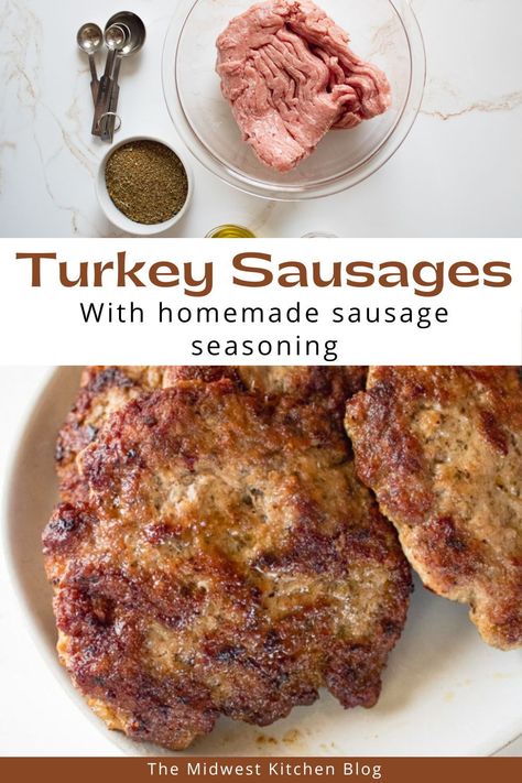 Turkey breakfast sausage patties are made with ground turkey and homemade spice mix and then pan-fried until perfectly golden brown and crisp on the outside. These juicy turkey patties are healthy and more delicious than any store-bought breakfast sausage. Diy Breakfast Sausage Patties, Ground Turkey Breakfast Patties, How To Make Breakfast Sausage From Ground Turkey, Homemade Ground Turkey Sausage, Turkey Sausage Patties Recipes, Breakfast Turkey Patties, Turkey Breakfast Sausage Patties, Turkey Breakfast Sausage Seasoning, Ground Turkey Breakfast Sausage Recipes