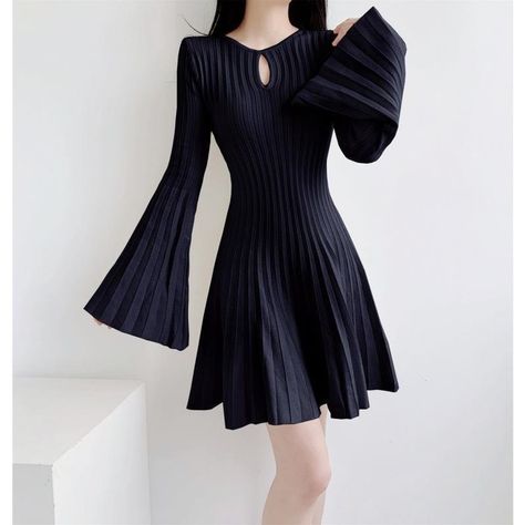 Exclusive deal alert! Ladies Bat Wing knitted dress with cinched waist and slimming A-line pleats, available for a limited time at the incredible price of £27.95 Beige Long Sleeve, Dark Academia Clothes, Dress Office, Knitted Dresses, Bat Wing, Kawaii Dress, Autumn 2023, Lady Fashion, Vintage Material