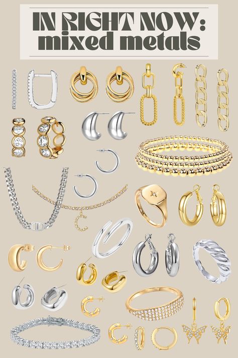 Silver Metal Jewellery, Silver And Gold Bracelets Together, Silver And Rose Gold Jewelry Mixing, Mix Silver And Gold Jewelry, Staple Jewelry Pieces, Silver And Gold Jewelry Mixing Earrings, Silver And Gold Mixed Jewelry, Gold And Silver Earrings Mixing, Mixed Metal Jewelry Aesthetic