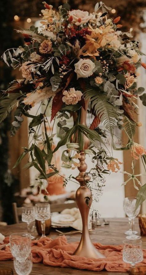 Event Floral Centerpieces, Terracotta Fall Wedding Florals, Navy Blue And Rust Wedding Centerpieces, Fall Flower Centerpieces Wedding, Fall Wedding Table Arrangements, Fall Wedding Reception Centerpieces, Terracotta Wedding Centerpieces, Autumn Wedding Centerpieces, Industrial Boho Wedding