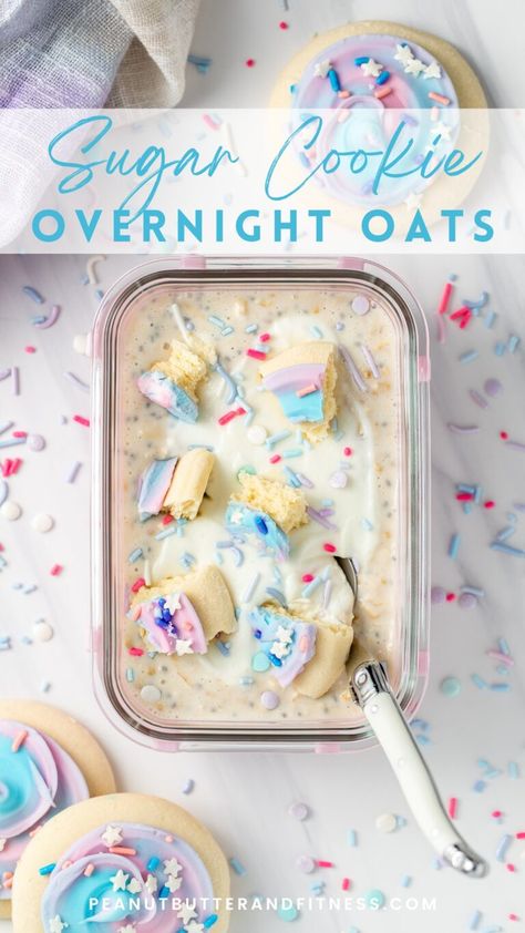 Sugar Cookie Protein Overnight Oats Diy Wedding Meals Food Ideas, Fun Overnight Oats, Overnight Oats With Instant Pudding, Overnight Oats Dessert, Fruity Pebbles Overnight Oats, Overnight Oats Flavor Ideas, Birthday Overnight Oats, Overnight Oat Flavors, Butterscotch Overnight Oats