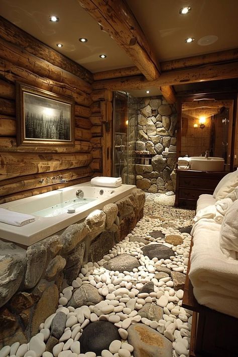 Luxury Country Bathroom, Bathroom Ideas Stone, Bathroom Rock, Cozy Cabin Bedrooms, Rock Shower, Ranch House Decor, Cabin Bathroom, Log Cabin Rustic, Stone Bathtub