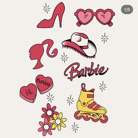 Barbie tattoo ideas from @boldbeckytattoo on ig. Personally love the side profile silhouette Barbie Small Tattoo, Barbie Shoe Tattoo, Tattoo Ideas Barbie, Matching Barbie Tattoos, Barbie Flash Tattoo, Barbie Movie Tattoo Ideas, Barbie Tattoo Ideas Simple, Barbie Inspired Tattoos, Barbie Movie Tattoo