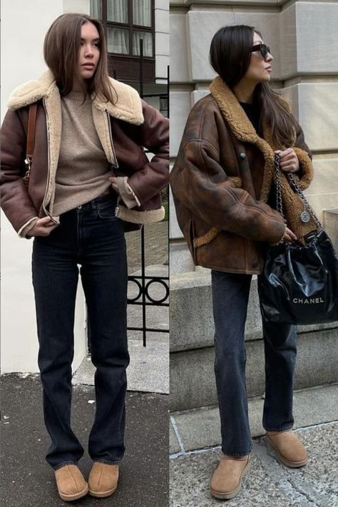 JACKETS AND COATS YOU NEED THIS WINTER - valemoods Black Jeans Brown Leather Jacket Outfit, Biker Winter Outfit, Chestnut Uggs Outfit Winter, Brown Fur Leather Jacket Outfit, Shearling Moto Jacket Outfit, Black Jeans And Uggs Outfit, Brown Winter Jacket Outfit, Ugg Jeans Outfit, Ugg Aesthetic Outfits