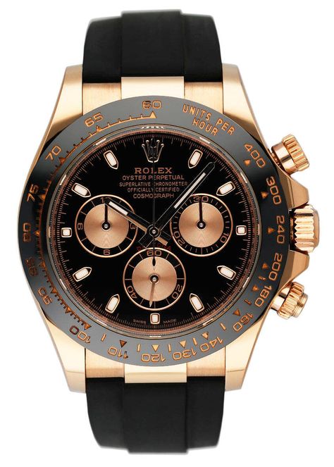 Rolex Daytona 116515LN Black Dial 18K Rose Gold Mens Watch Box Papers TOP BRANDS Rolex Audemars Piguet Omega Patek Philippe Cartier Breitling All Rolex Daytona 116515LN Mens Watch. 40mm 18K rose gold case. Ceramic black bezel with tachymetric scale. Black dial with luminous hands and index hour marker. Three black sub-dials. Small seconds hand at 6 o'clock. 30-minute counter at 3 o'clock. 12-hour counter at 9 o'clock. Minute maker on the outer dial. Black rubber Oysterflex strap with fold over clasp with safety. Will fit up to 7-Inch wrist. Sapphire crystal. 18K rose gold case back. Automatic self-winding movement. This watch comes with original Box and Papers.    This watch is backed by our two year warranty. Phigora Guarantee Two Years Warranty Free Shipping & Returns Specifications SKU Cartier Mens Watch, Philippe Patek, Rolex Wrist Watch, Black Rolex, Black And Gold Watch, Mens Rose Gold Watch, Mens Watch Box, Rolex Watches For Men, Luxury Watch Brands